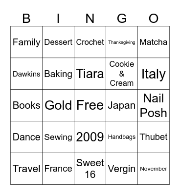 Jada 's Sweet 16 Bingo Card