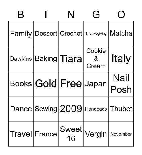 Jada 's Sweet 16 Bingo Card