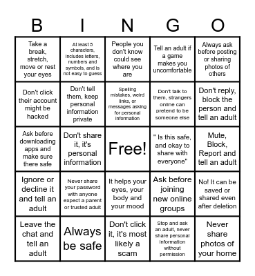 Youth & Online Safety Bingo Card