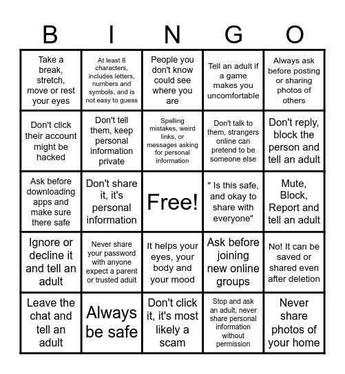 Youth & Online Safety Bingo Card