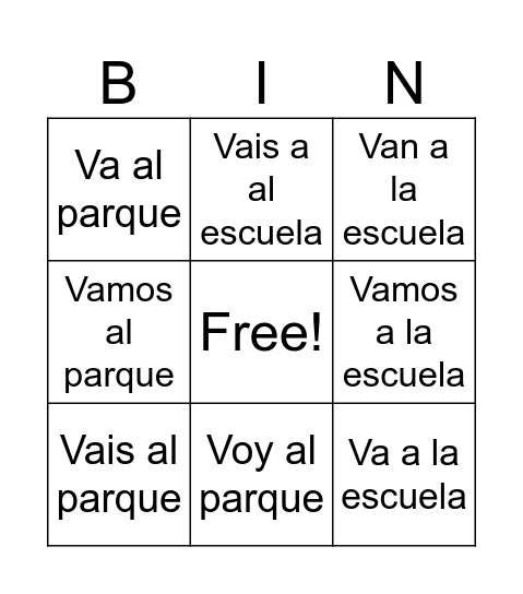 PRESENTE DEL VERBO IR Bingo Card
