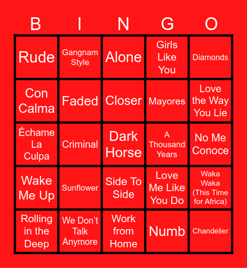 Hit YouTube Songs Bingo Card