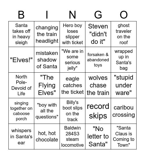 Polar Express Bingo Card