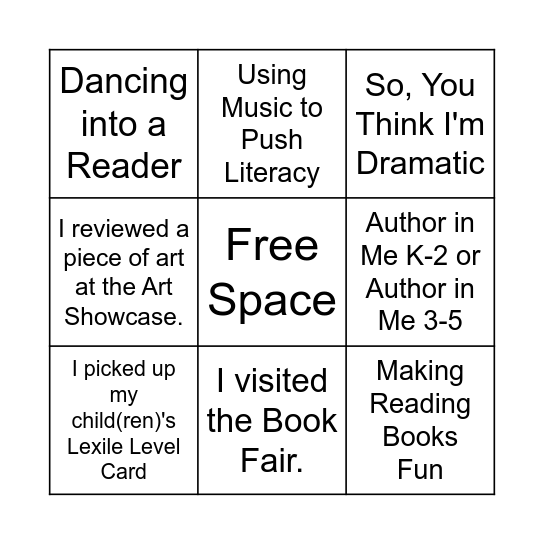 Bob Mathis Elementary School Literacy Night Bingo Card Bingo Card