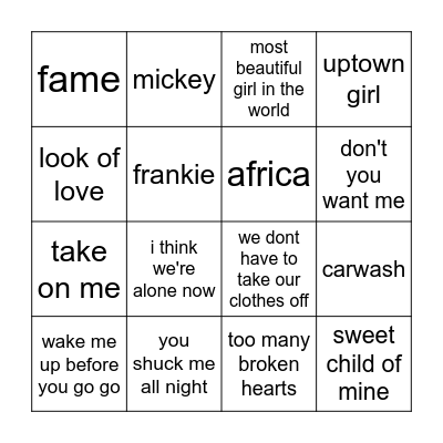 80s party Bingo Card