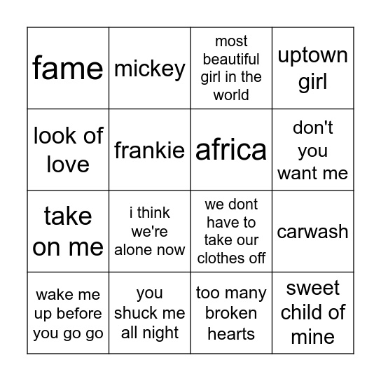 80s party Bingo Card