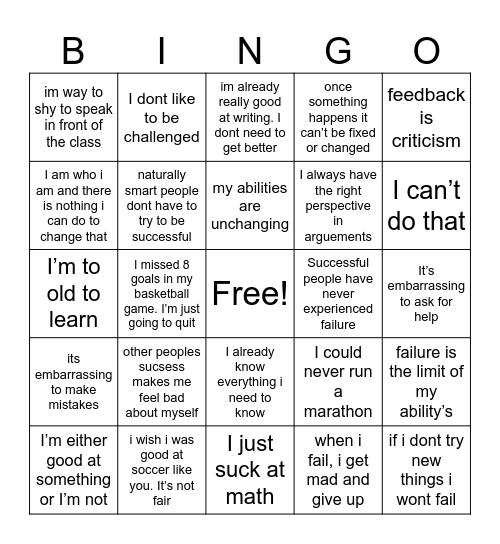 Growth mindset bingo Card