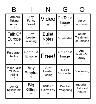 Nationalism Bingo Card Bingo Card