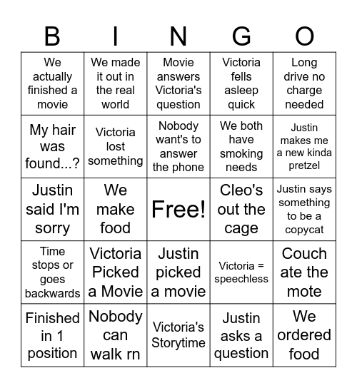 V&J Bingo Card