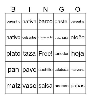 Dia de accion de gracias Bingo Card