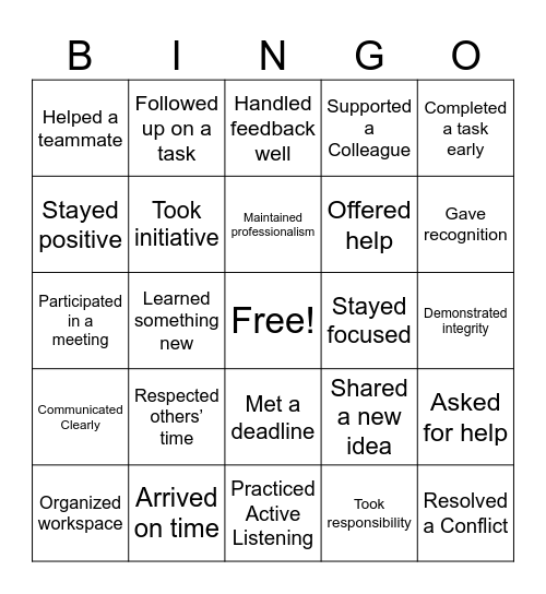 Work Ethics Bingo Card