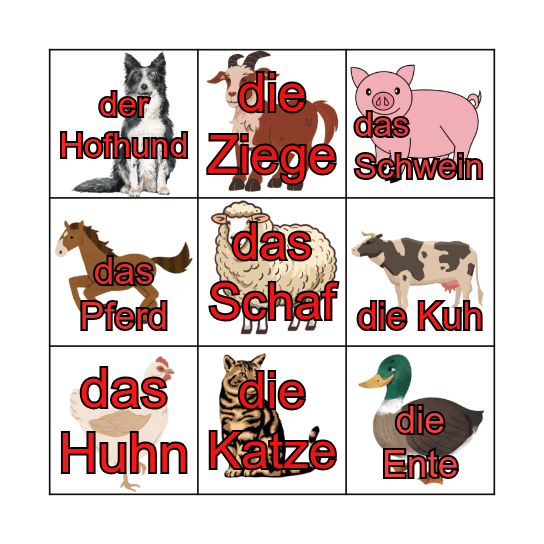 Tier auf dem Bauernhof Bingo Card