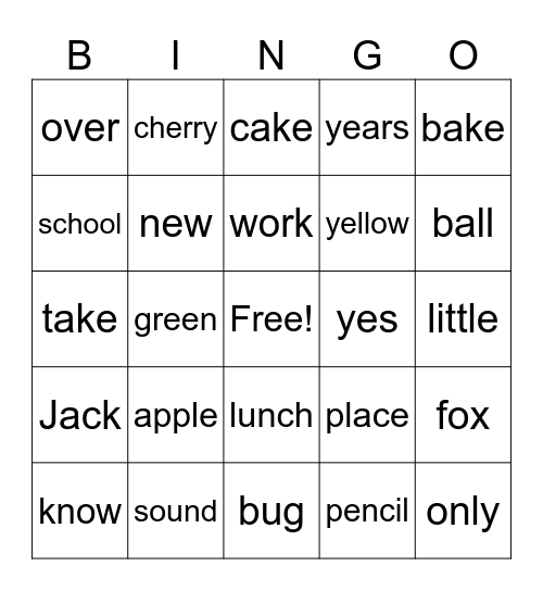 English Side Words Bingo Card
