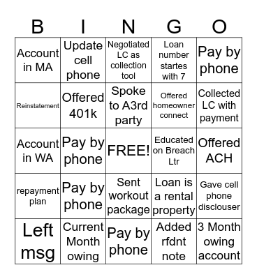 Pay day Bingo Card