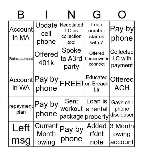 Pay day Bingo Card