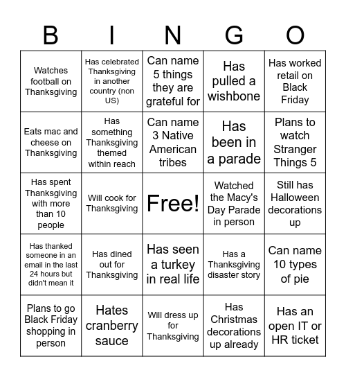 PaCE Yourself this Thanksgiving Bingo Card