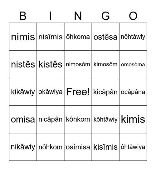 Family Terms Bingo Card