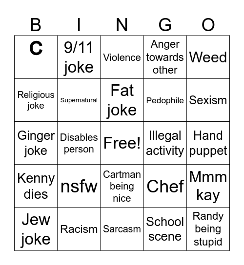 Southpark Bingo Card