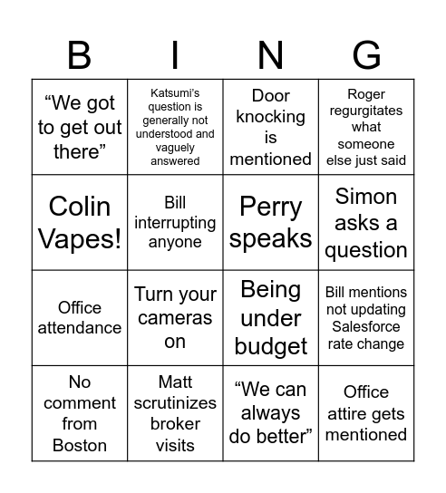 All Feet Off Bingo Card