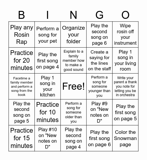 Winter Orchestra Practice Challenge Bingo Card