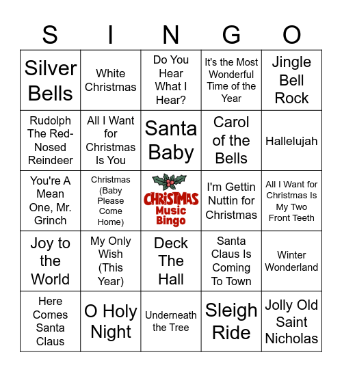 Christmas Music Bingo (50 songs) Bingo Card