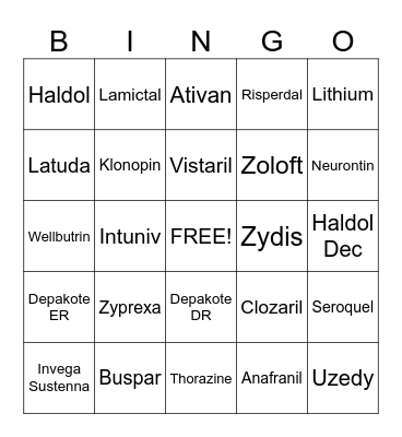 Psych Medication Bingo Card