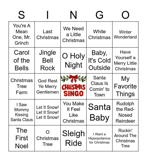 CHRISTMAS SINGO - 50 songs Bingo Card