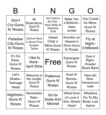Guns N Roses Bingo Card
