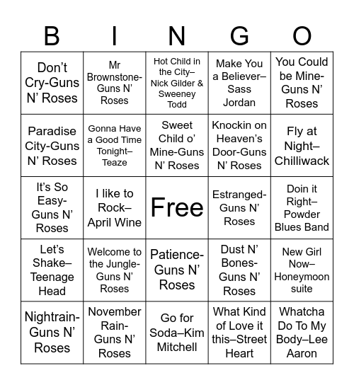 Guns N Roses Bingo Card