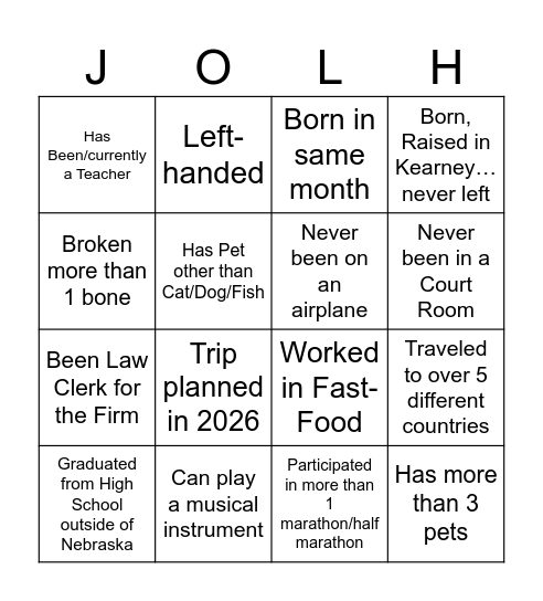 Jacobsen Orr Bingo Card