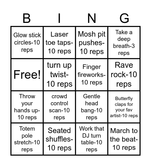 Rehab Rave Bingo Card