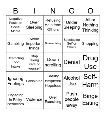 Unhealthy Coping Skills Bingo Card