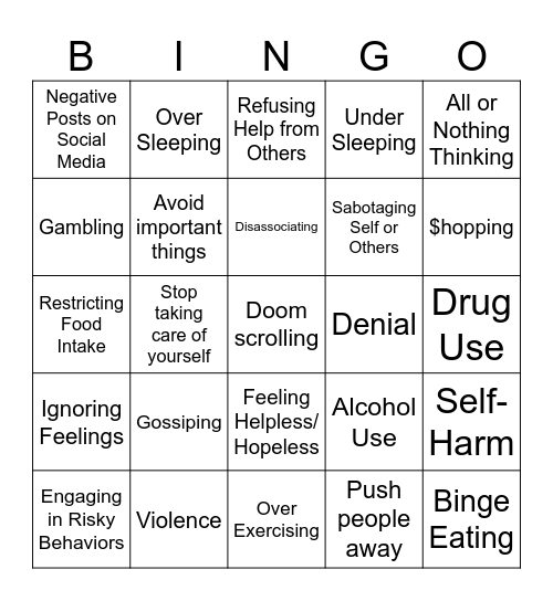 Unhealthy Coping Skills Bingo Card