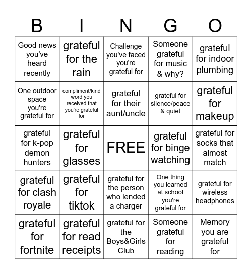 Gratitude Bingo Card