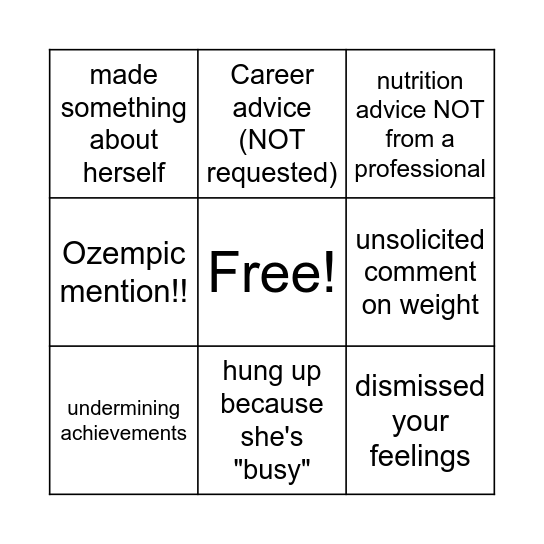 Jessica phone call BINGO Card