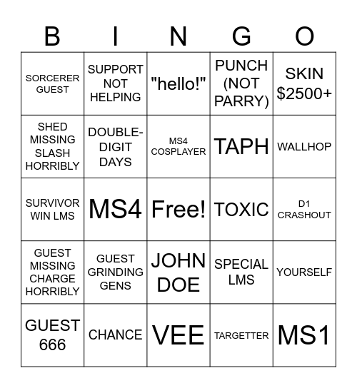 forsaken Bingo Card