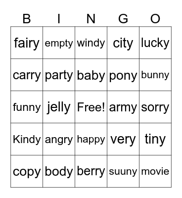 Long e (y) Bingo Card