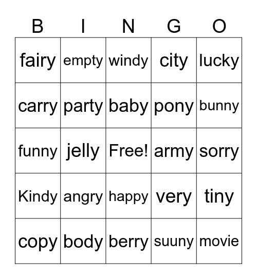 Long e (y) Bingo Card