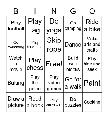 Leisure Activities Bingo Card