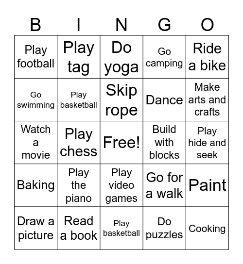Leisure Activities Bingo Card