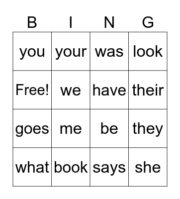 Grade 1 Heart Words Bingo Card