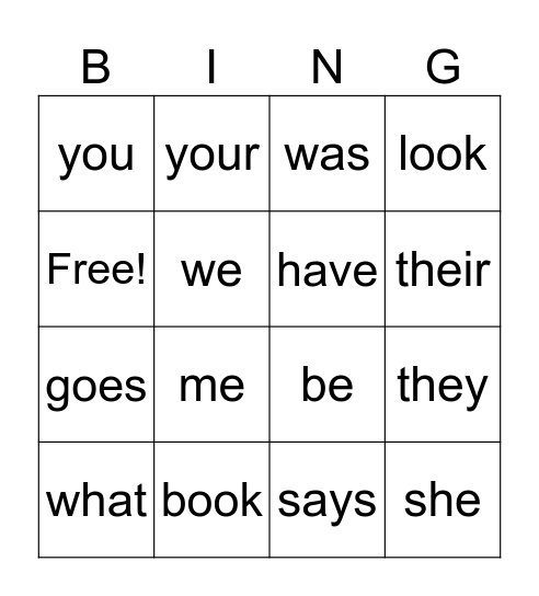 Grade 1 Heart Words Bingo Card