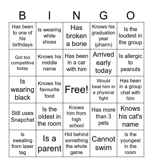 Brandon's Birthday Bingo Card