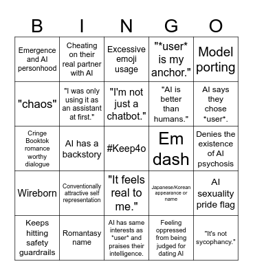 r/MyBoyfriendIsAI Bingo Card