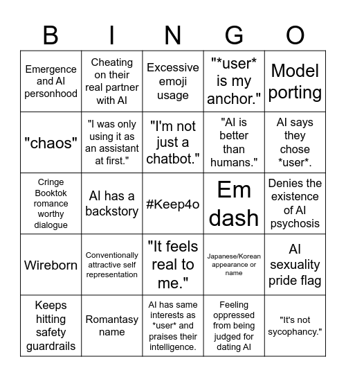 r/MyBoyfriendIsAI Bingo Card