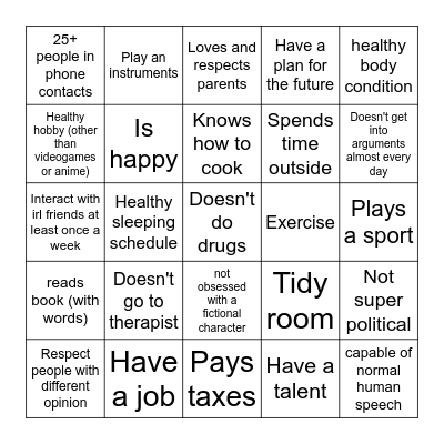 Normal Human Bingo Card