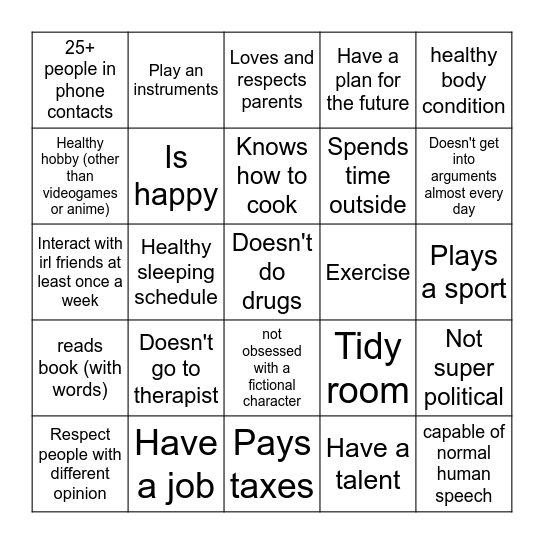 Normal Human Bingo Card