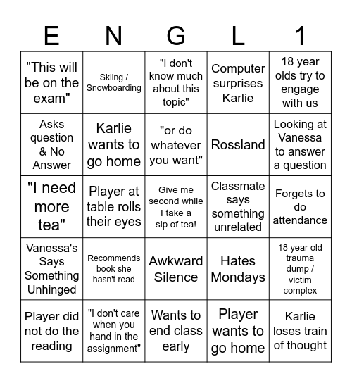 ENGL 110 Bingo Card