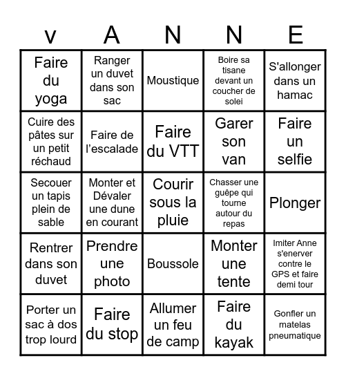 V'Anne Life Bingo Card