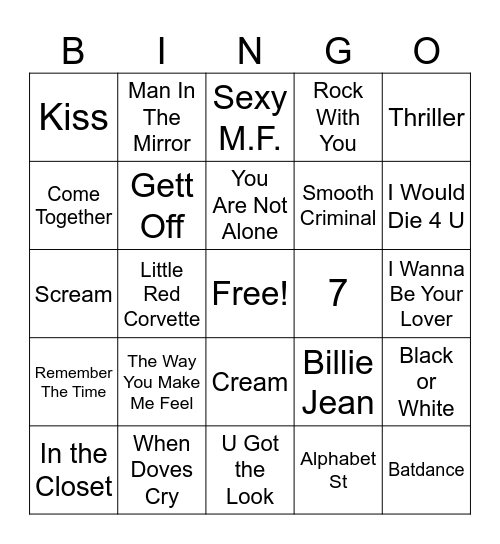 Prince vs Michael Jackson Bingo Card